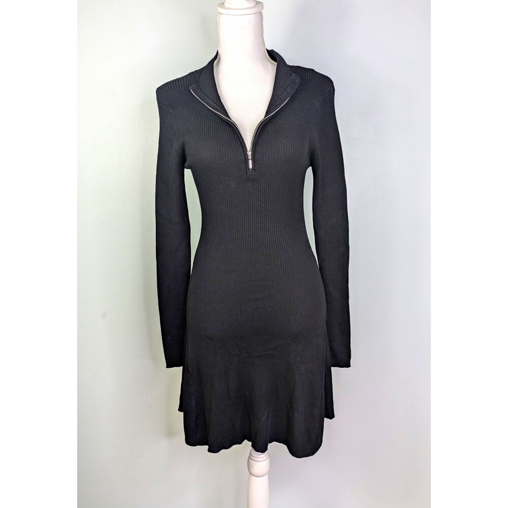 Stradivarius Sz M Black Ribbed Knit Mock Neck Half Zip Sweater Dress Streetwear